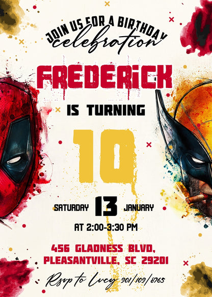 Deadpool Wolverine Marvel  customizable invitation template | Share or Print | boy | RD283