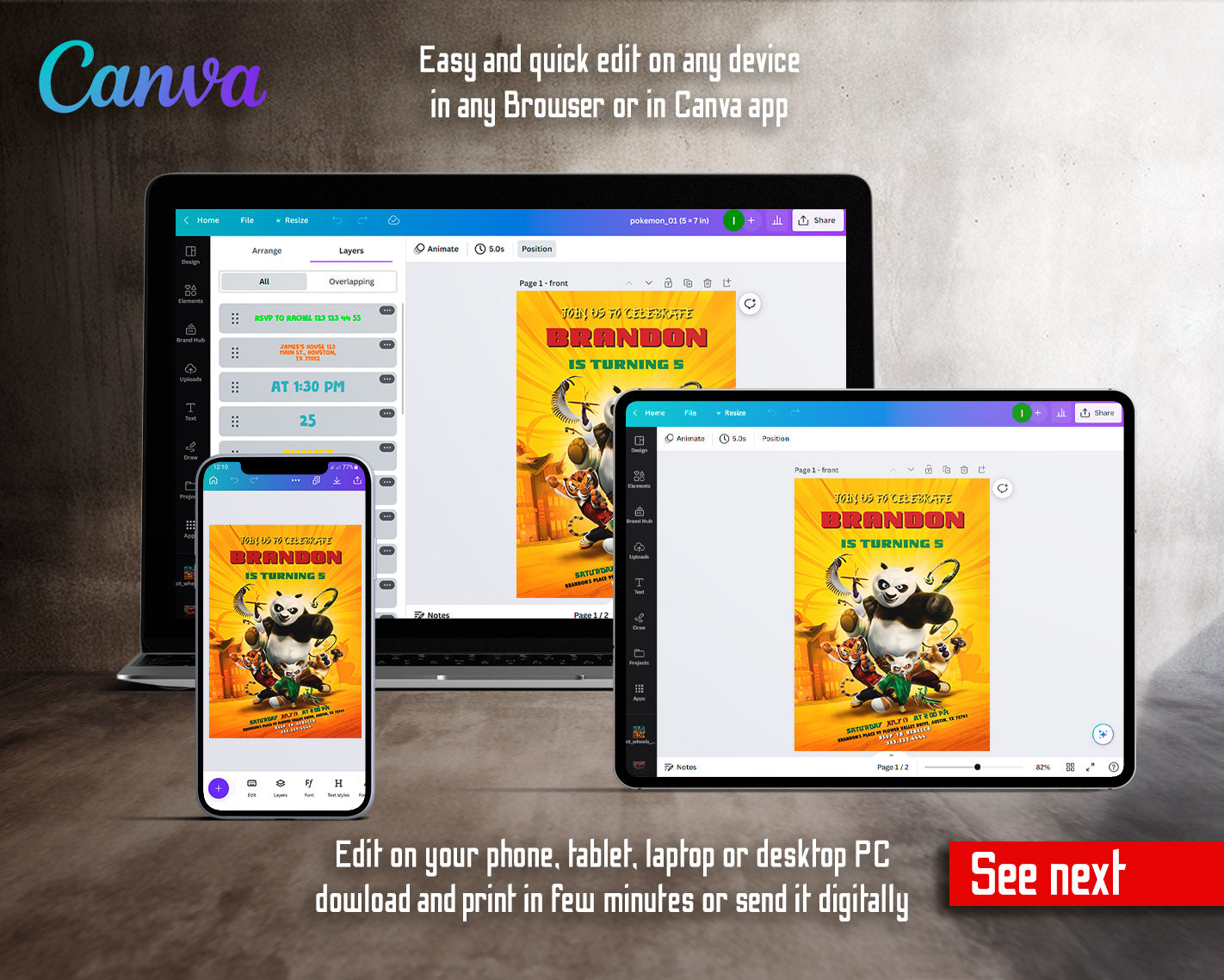 Kung Fu Panda Po customizable invitation template | Share or Print |  | XJ253