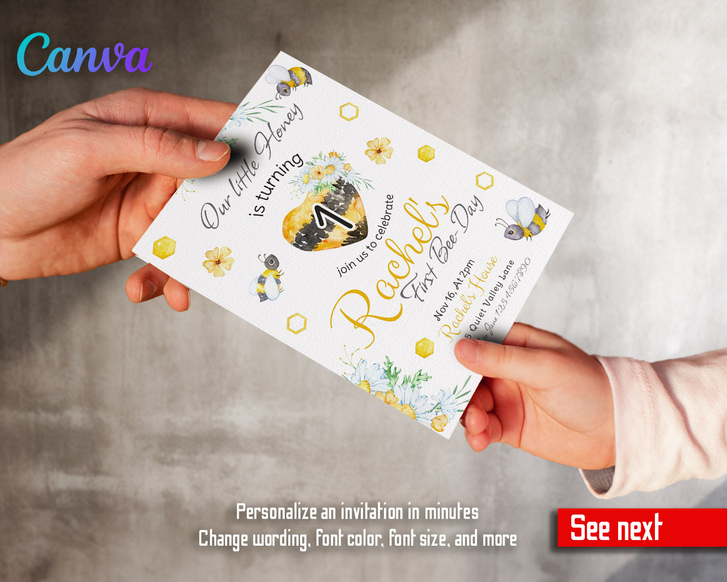 1st Bee Day Party customizable invitation template | Share or Print |  | DO020