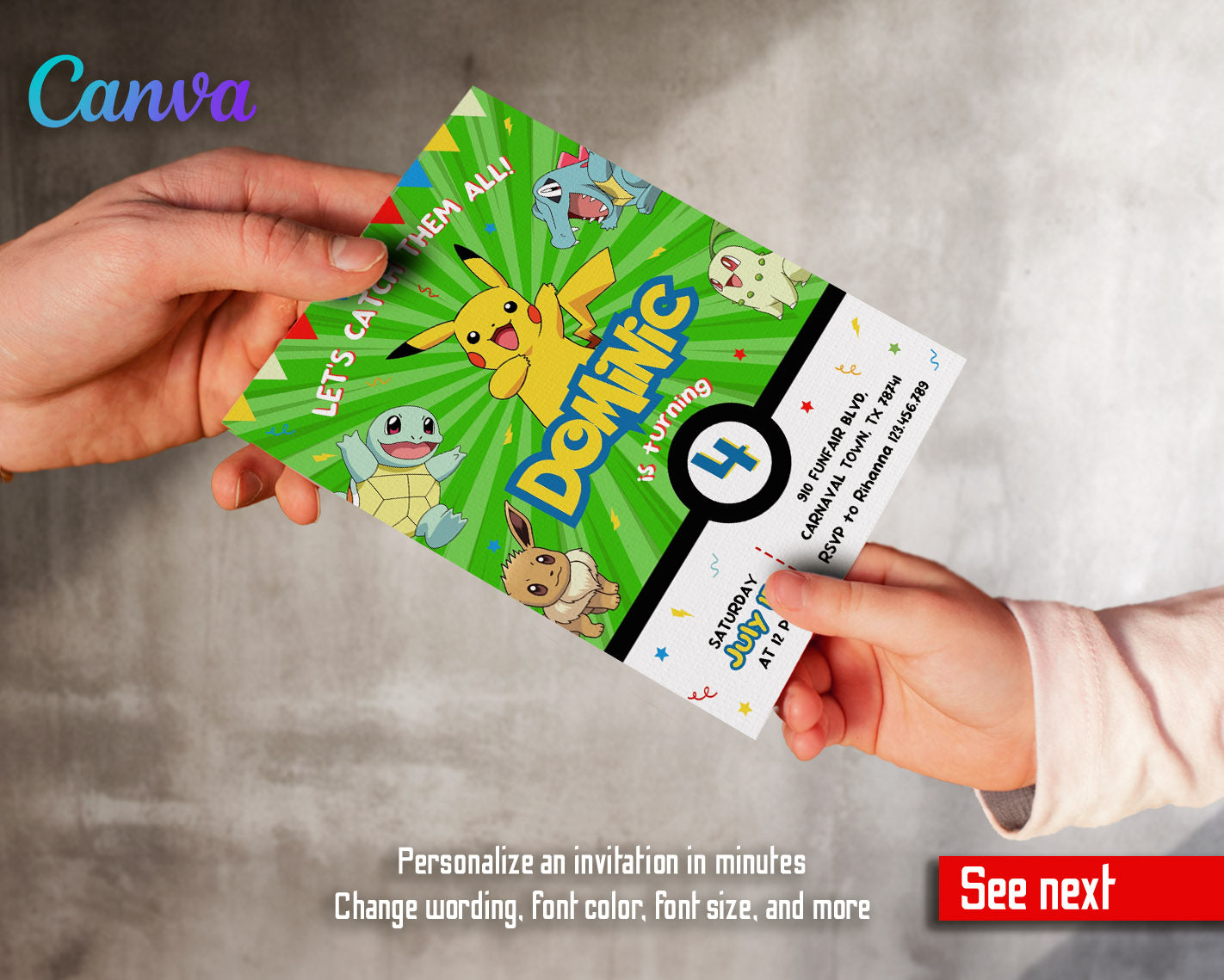 Pokemon Pikachu  customizable invitation template | Share or Print |  | UO175