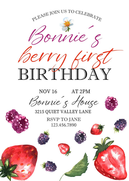 Berry First Birthday customizable invitation template | Share or Print | girl | OM910