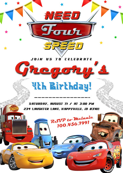 Cars Lightning Mcqueen Four customizable invitation template | Share or Print | boy | TJ099