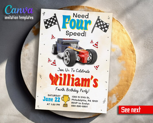 Hot Wheels Need Four Speed  customizable invitation template | Share or Print | boy | HG764