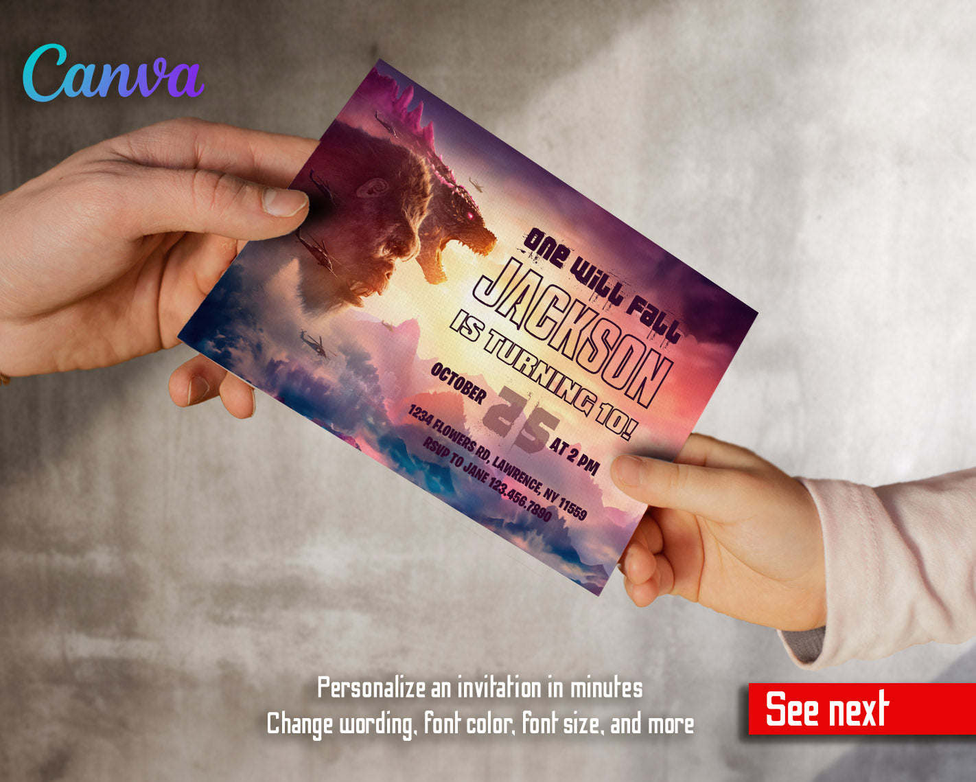 Godzilla X King Kong  customizable invitation template | Share or Print |  | ZH357