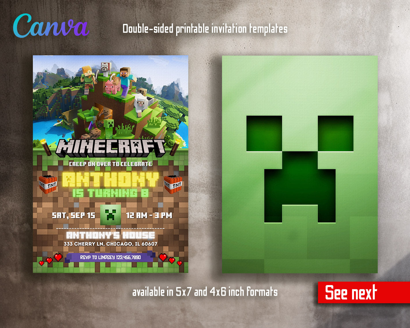 Minecraft Gamer customizable invitation template | Share or Print | | JE718