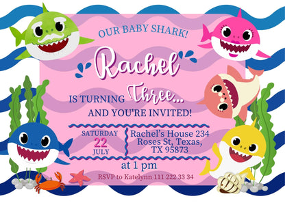 Baby Shark customizable invite template girl | instant download | Share or Print | ZU015