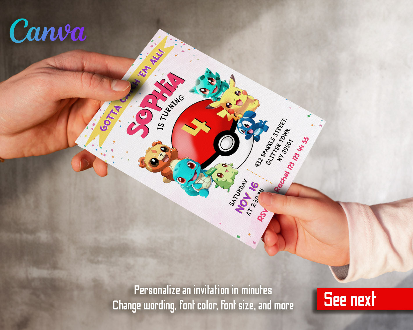 Pokemon Pikachu  customizable invitation template | Share or Print |  | FN560