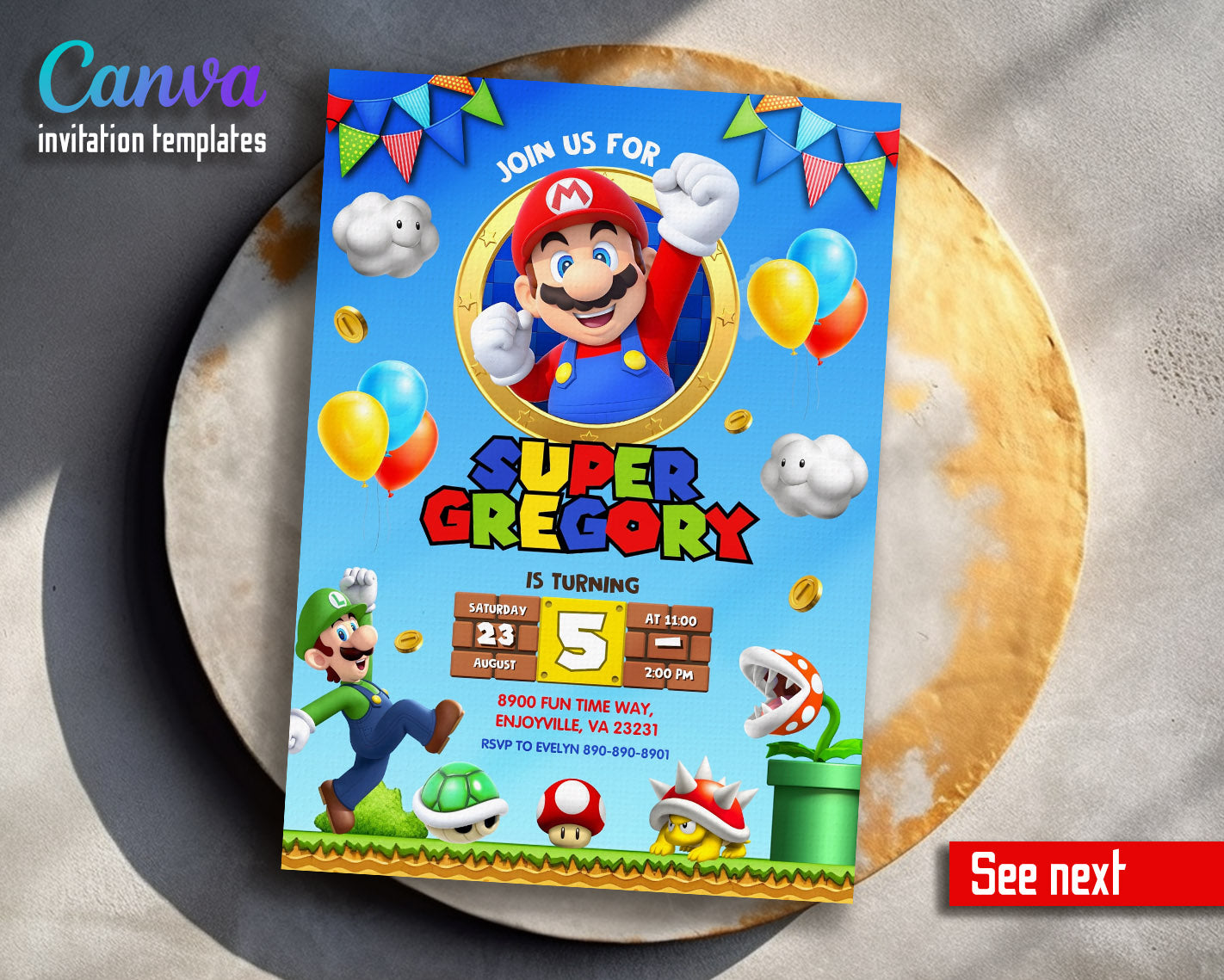 Super Mario Bros  customizable invitation template | Share or Print |  | RC025