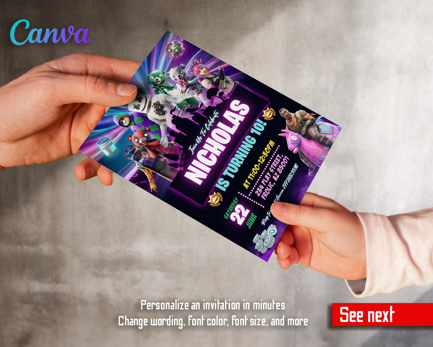 Fortnite gamer customizable invitation template | Share or Print | boy | SN574