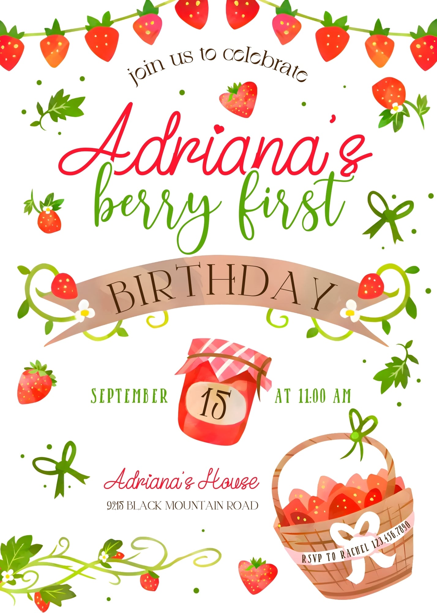 Berry First Birthday customizable invitation template | Share or Print | girl | EJ635