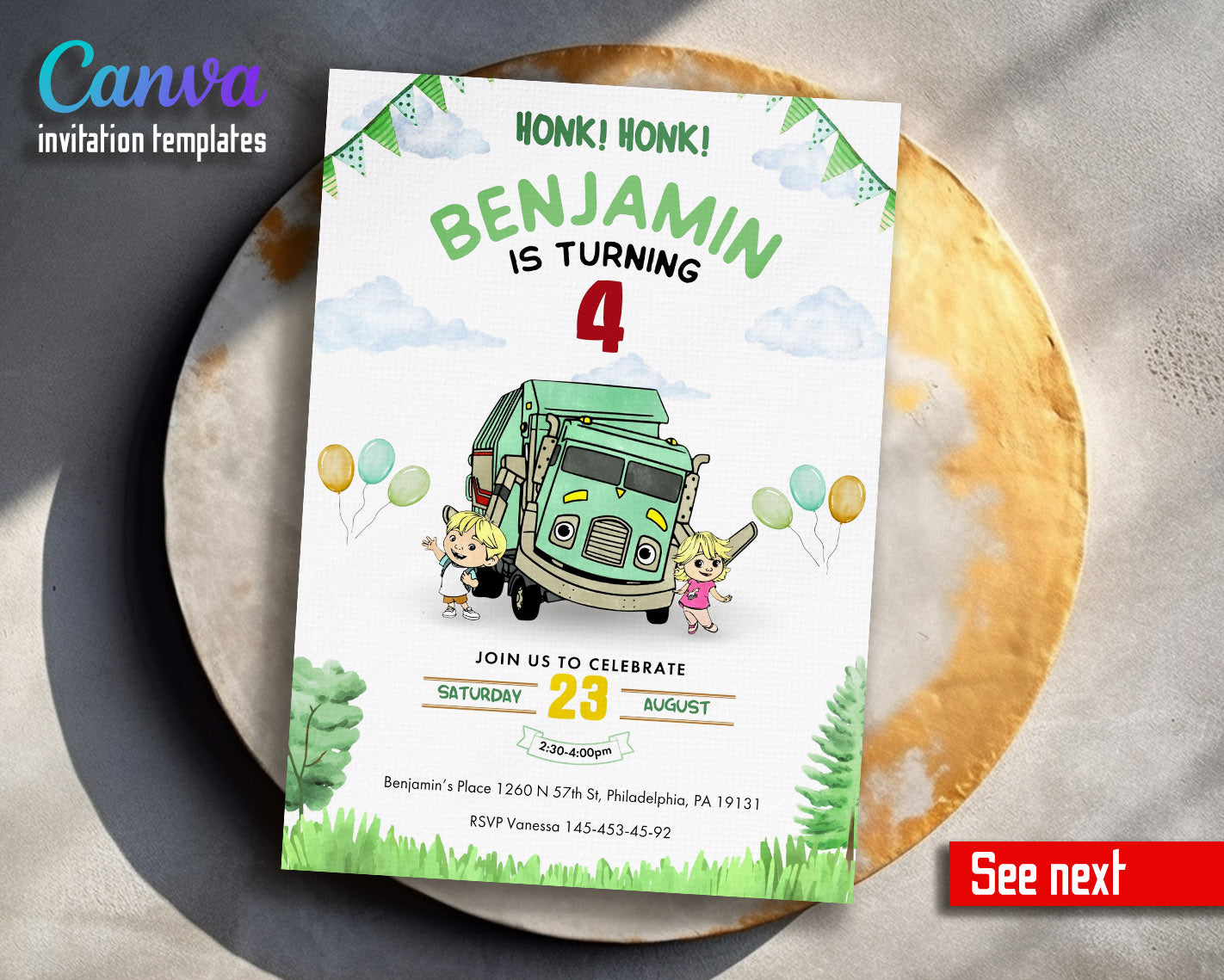 Trash Green Truck customizable invitation template | Share or Print |  | FU969