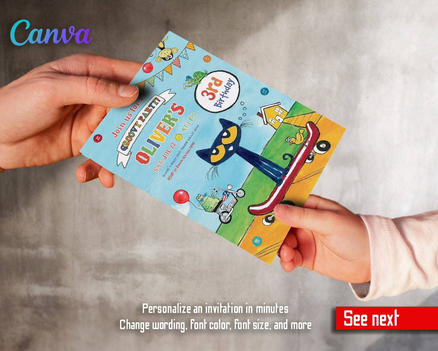 Pete the Cat customizable invitation template | Share or Print |  | UW559