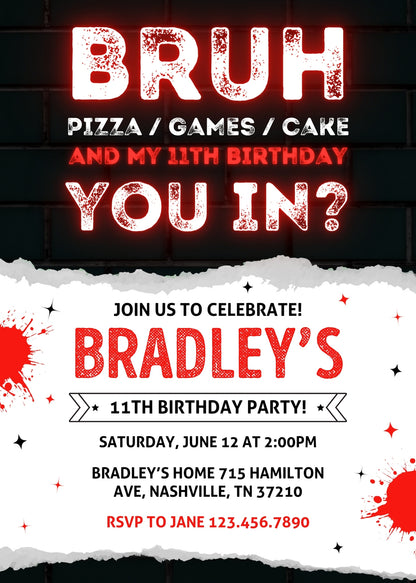 Bruh Gamer customizable invitation template | Share or Print | boy | JD141