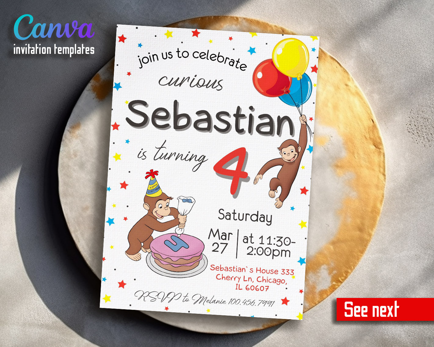 Curious George Monkey customizable invitation template | Share or Print |  | KR865