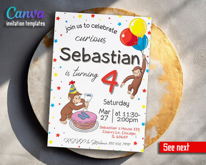 Curious George Monkey customizable invitation template | Share or Print |  | KR865