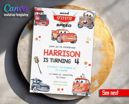 Cars Lightning Mcqueen Four customizable invitation template | Share or Print | boy | RP690