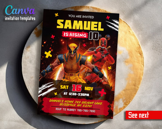 Deadpool Wolverine Marvel  customizable invitation template | Share or Print | boy | RN993