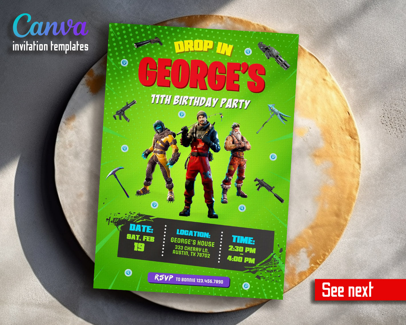 Fortnite gamer customizable invitation template | Share or Print | boy | YM128