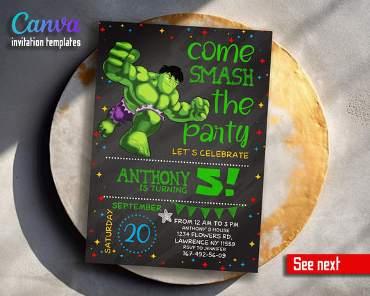 Hulk The Avengers Marvel Superhero customizable invitation template | Share or Print | boy | LB765