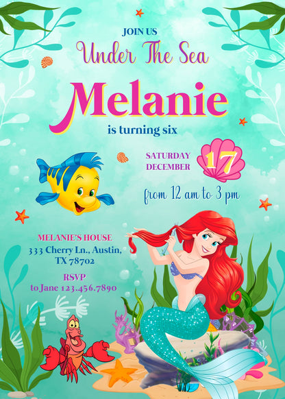 Ariel The Little Mermaid customizable invitation template | Share or Print | girl | JS039