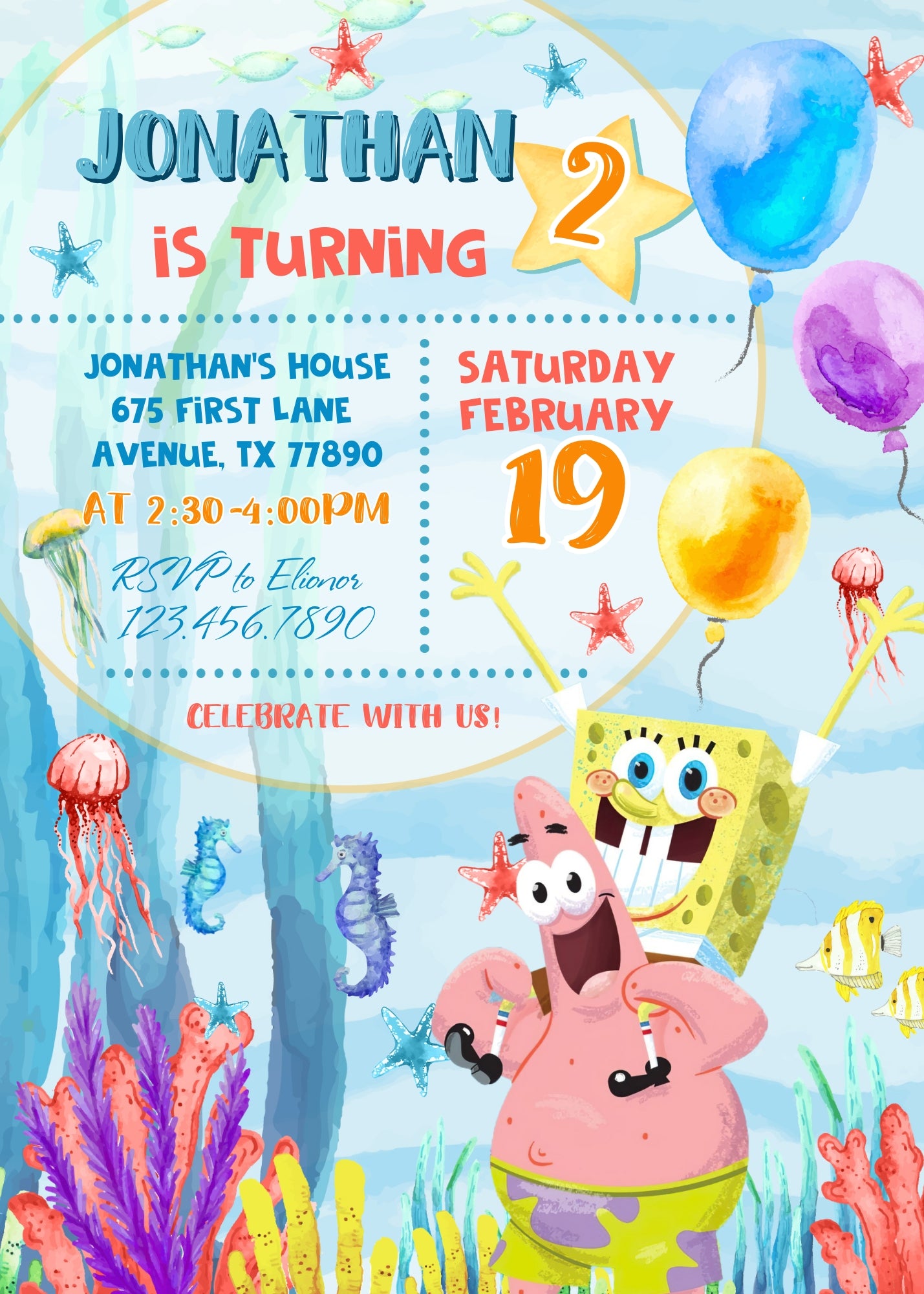 SpongeBob SquarePant customizable invitation template | Share or Print |  | VR905