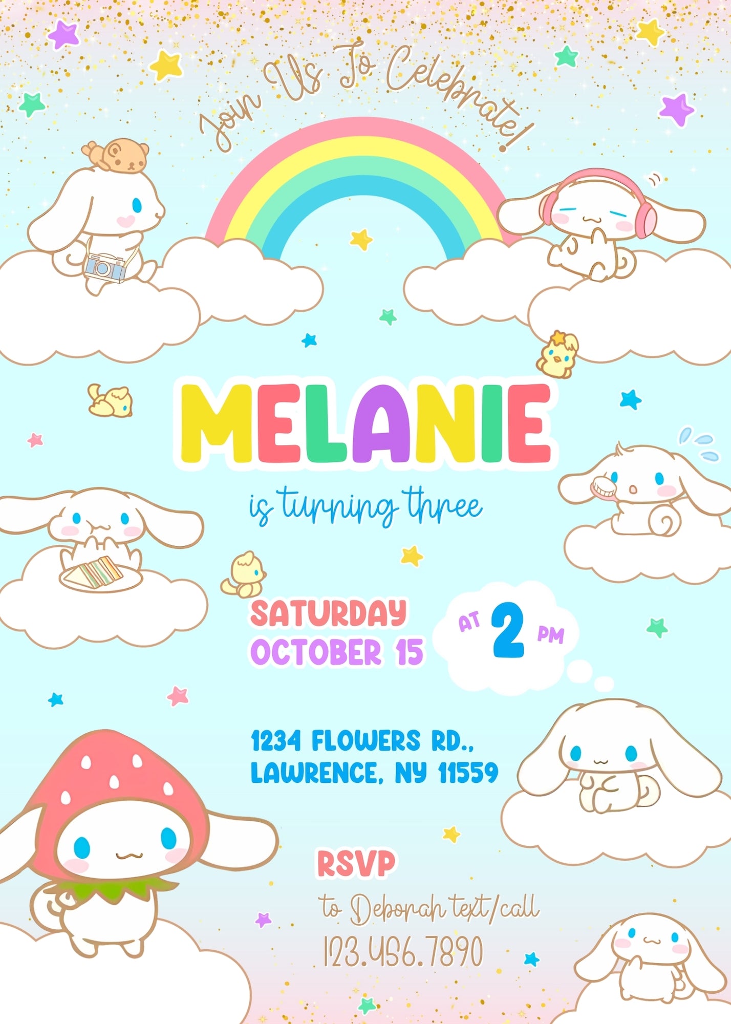 Cinnamoroll Hello Kitty Sanrio  customizable invitation template | Share or Print | girl | WZ089