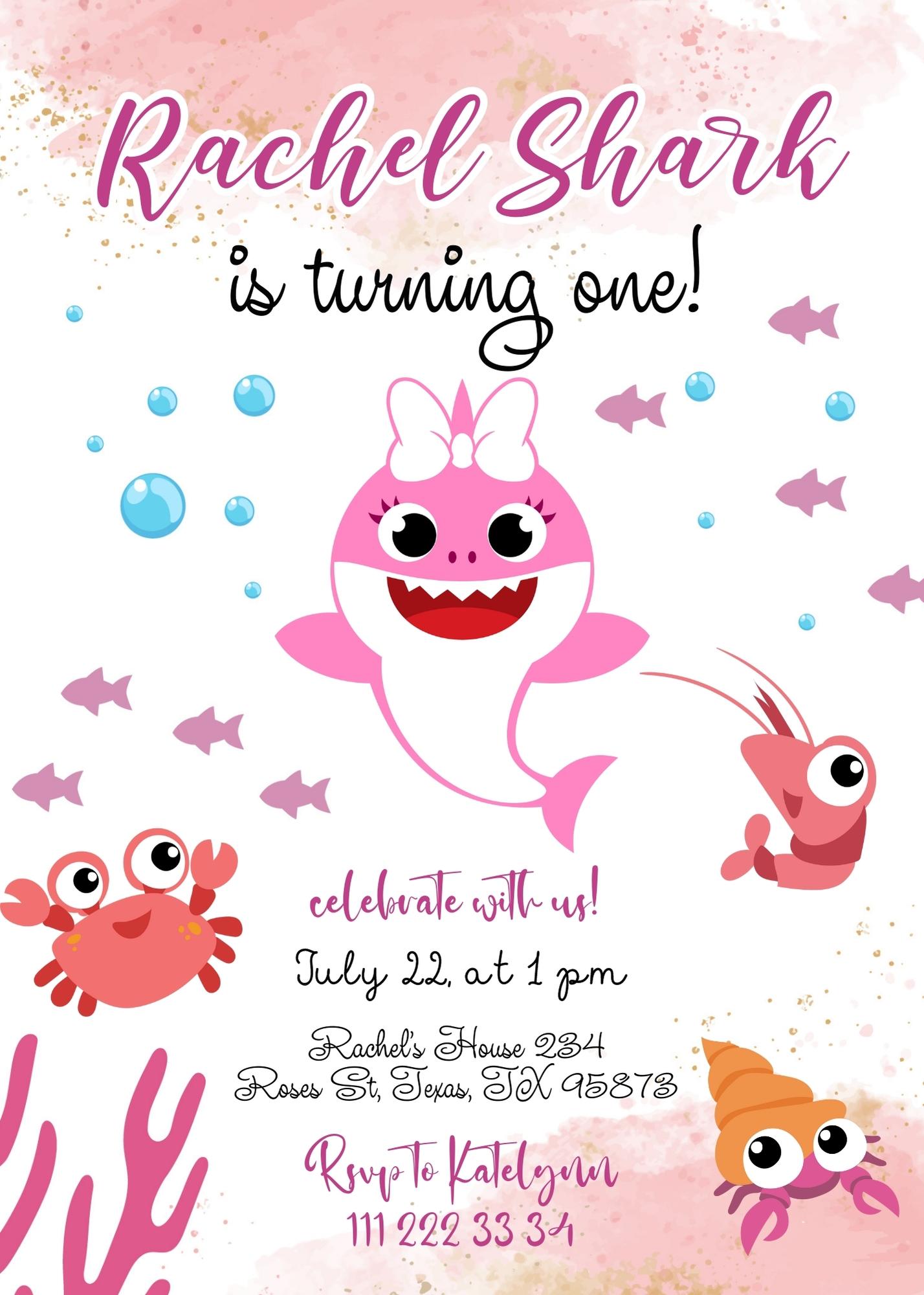 Baby Shark customizable invite template girl | instant download | Share or Print | UM502