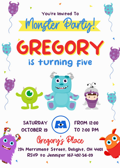 Monsters, Inc.  customizable invitation template | Share or Print |  | MO159