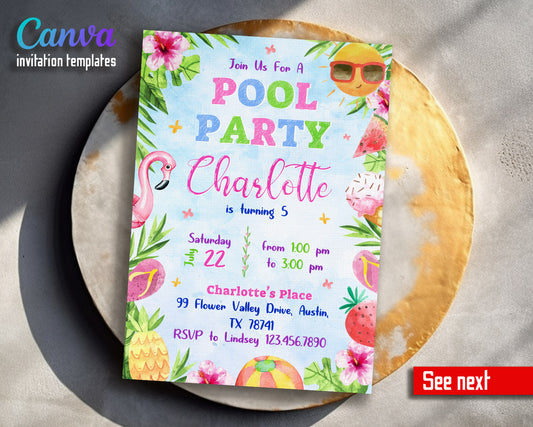 Pool Party customizable invitation template | Share or Print | girl | UO287