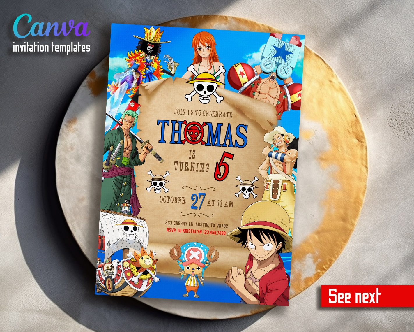 One Piece Monkey D.Luffy Anime customizable invitation template | Share or Print | | NN832