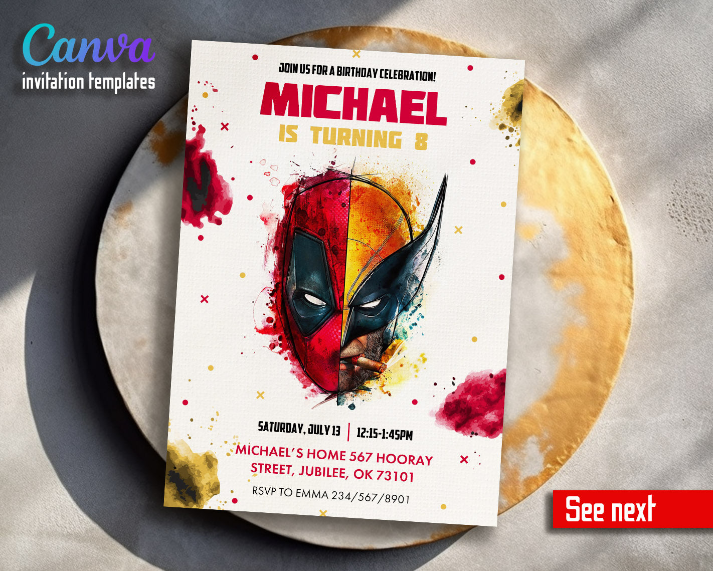 Deadpool Wolverine Marvel  customizable invitation template | Share or Print | boy | QE361