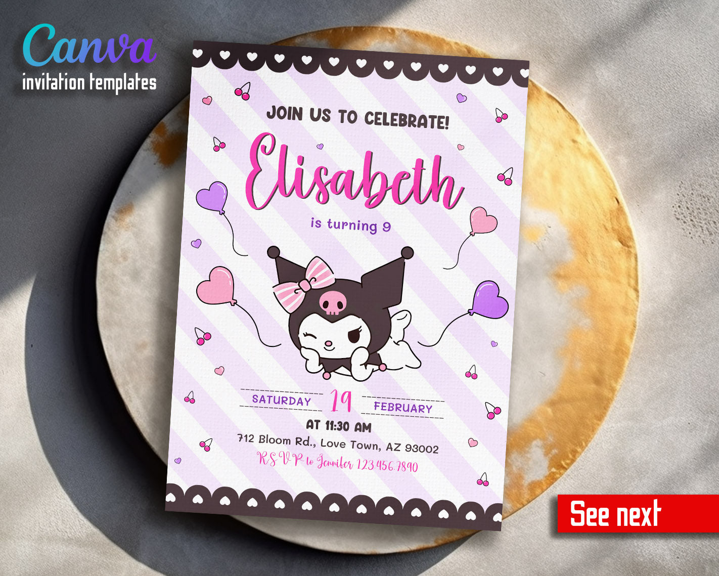 Kuromi Hello Kitty Sanrio customizable invitation template | Share or Print | | AI672