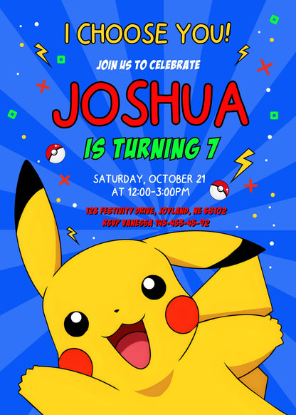 Pokemon Pikachu  customizable invitation template | Share or Print |  | PZ454