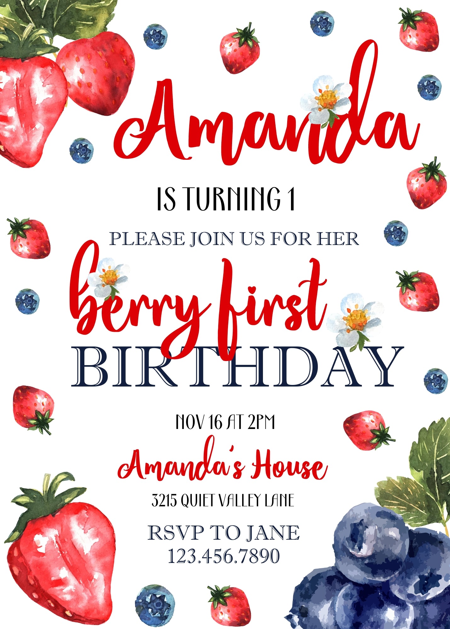 Berry First Birthday customizable invitation template | Share or Print | girl | GZ257