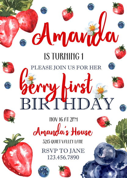 Berry First Birthday customizable invitation template | Share or Print | girl | GZ257