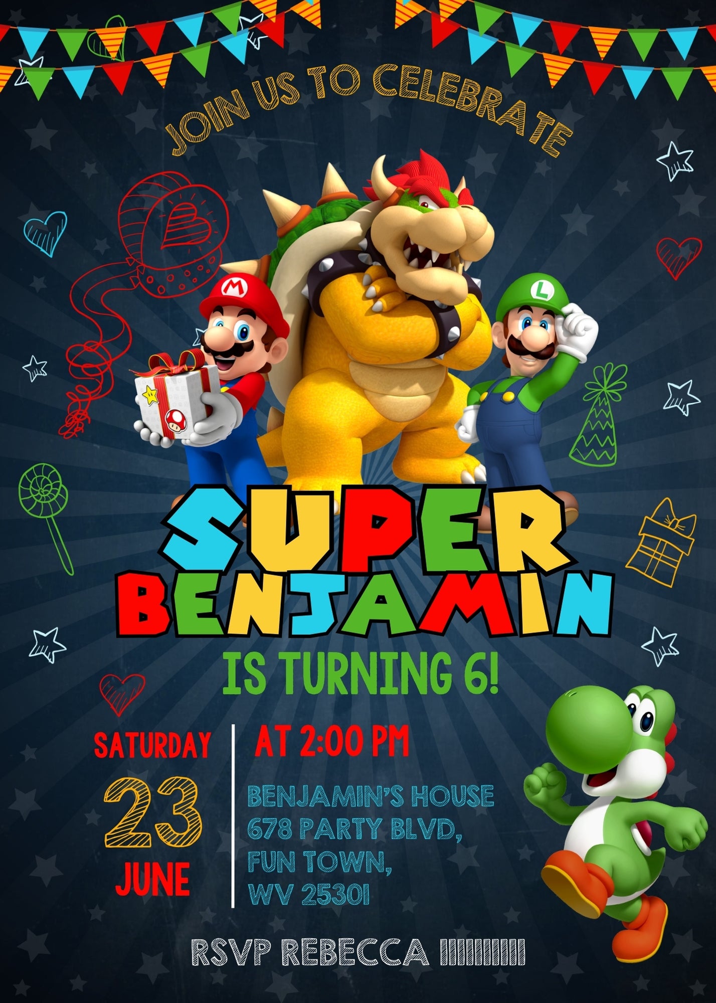 Super Mario Bros  customizable invitation template | Share or Print |  | ZE081