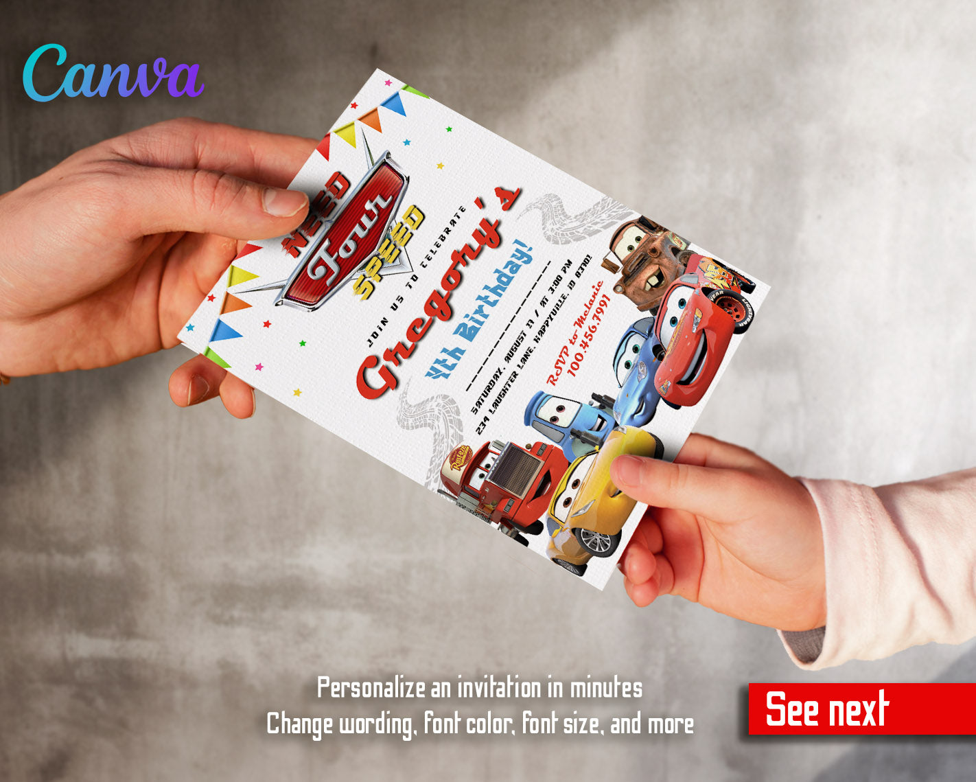 Cars Lightning Mcqueen Four customizable invitation template | Share or Print | boy | TJ099