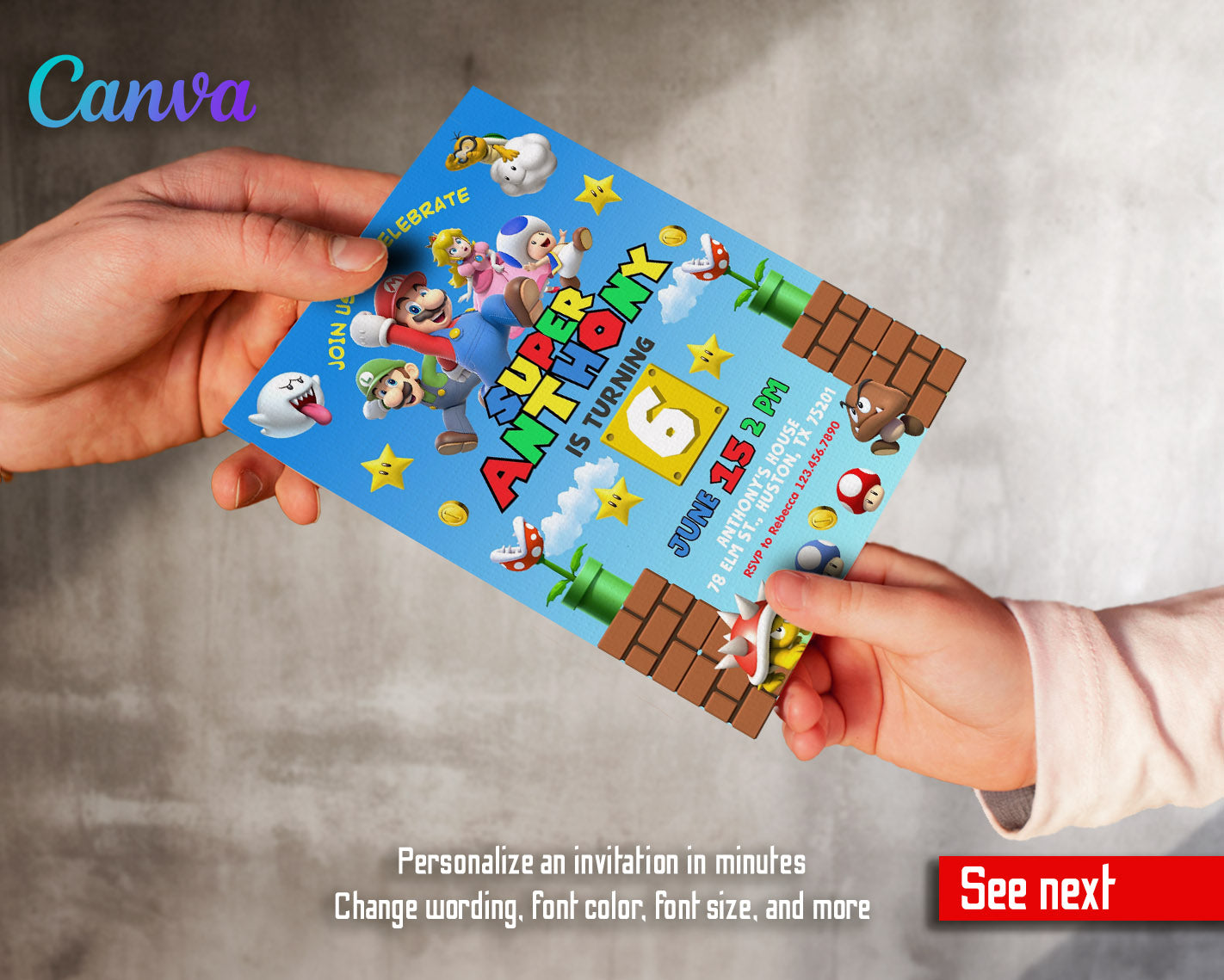 Super Mario Bros  customizable invitation template | Share or Print |  | FU845