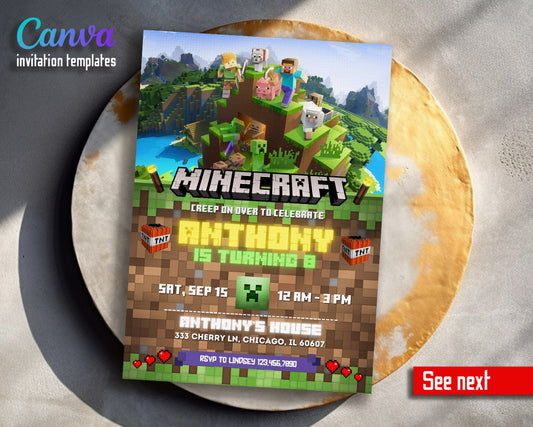 Minecraft Gamer customizable invitation template | Share or Print | | JE718