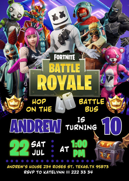 Fortnite gamer customizable invite template | instant download | Share or Print | BZ699