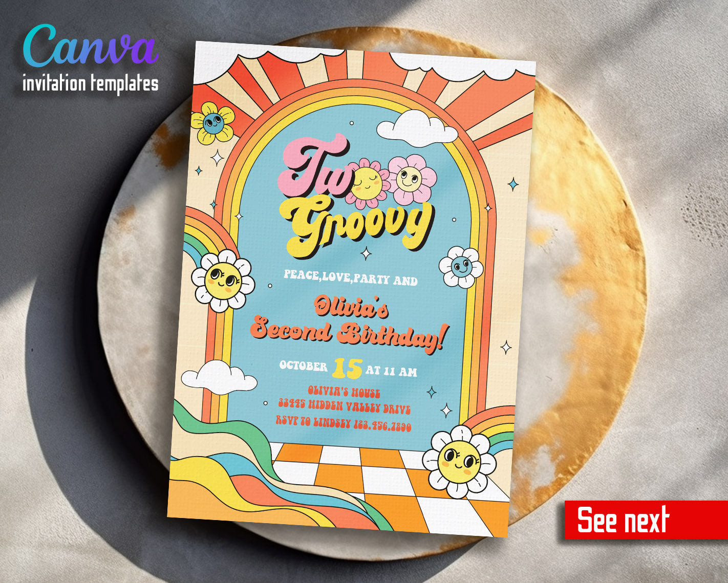 Groovy Second Birthday customizable invitation template | Share or Print |  | AK226