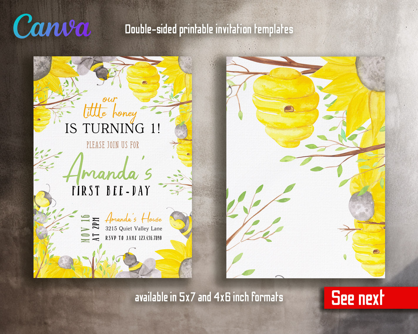 1st Bee Day Party customizable invitation template | Share or Print |  | XZ273