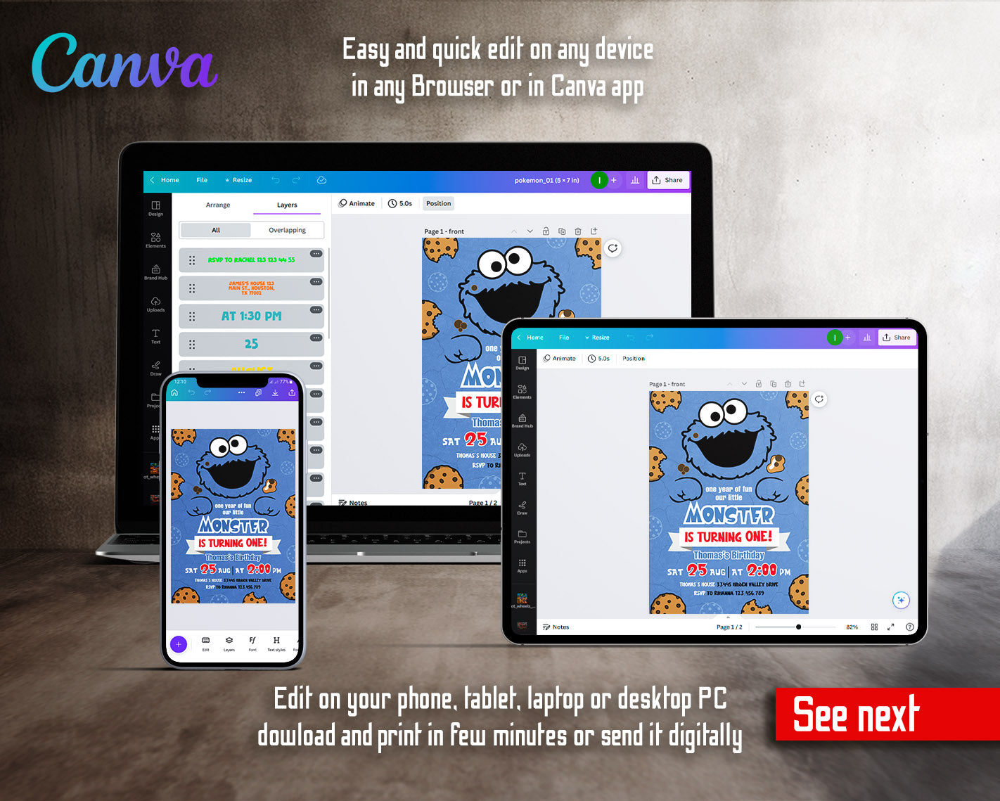 Sesame Street Cookie Monster customizable invitation template | Share or Print |  | QF417