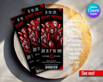 Horror Killer Movie Party Ticket customizable invitation template | Share or Print |  | SN449