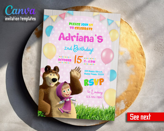 Masha and the Bear customizable invitation template | Share or Print |  | CE439