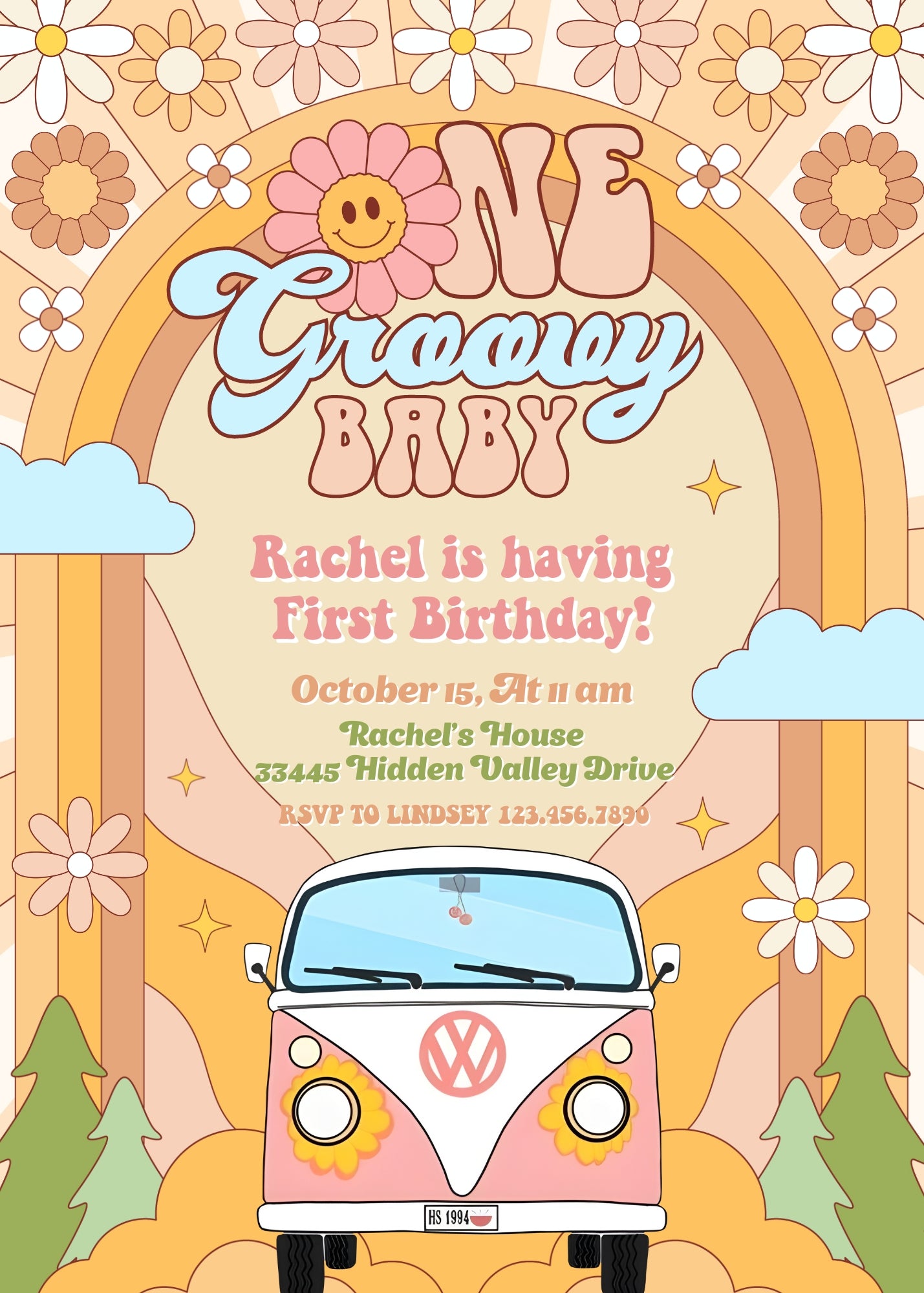 Groovy 1st Bday Hippie Van customizable invitation template | Share or Print |  | VK880