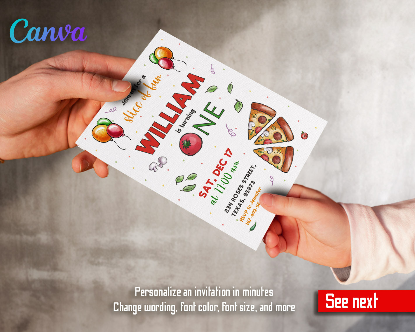 Pizza 1st Party customizable invitation template | Share or Print |  | OX441