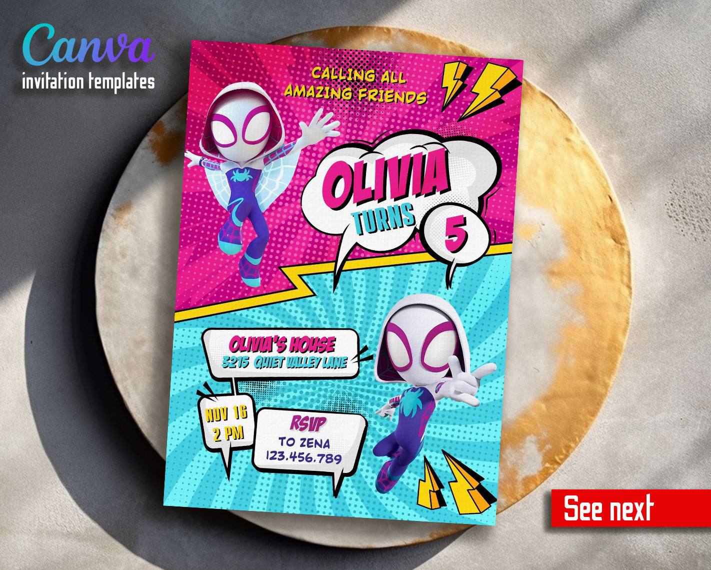 Spider Gwen Ghost Spidey  customizable invitation template | Share or Print | girl | OK446