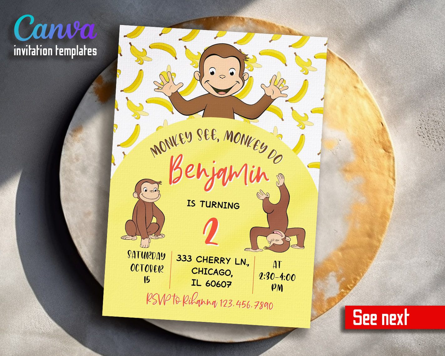 Curious George Monkey customizable invitation template | Share or Print |  | VK794