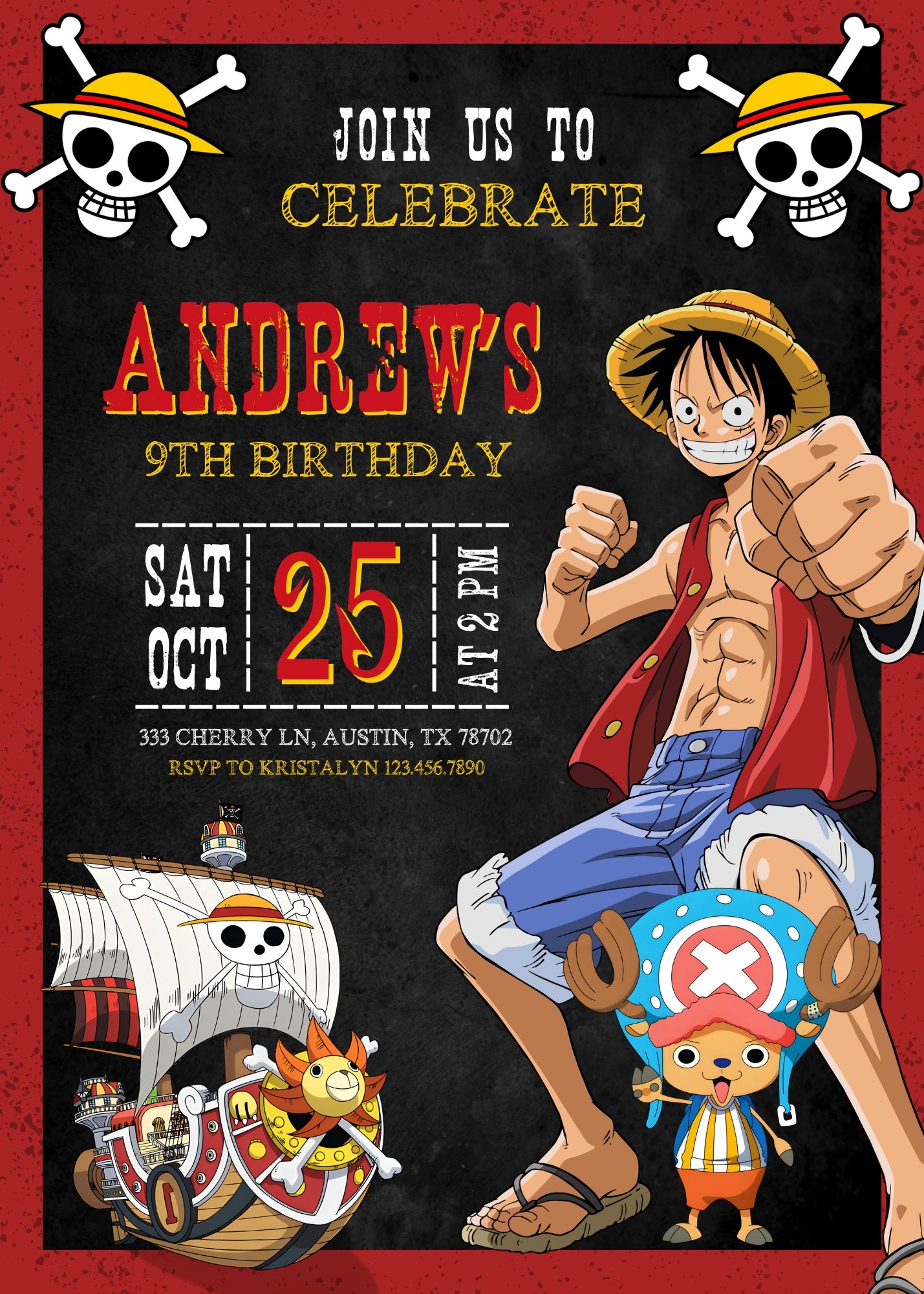 One Piece Monkey D.Luffy Anime customizable invitation template | Share or Print | | QH982